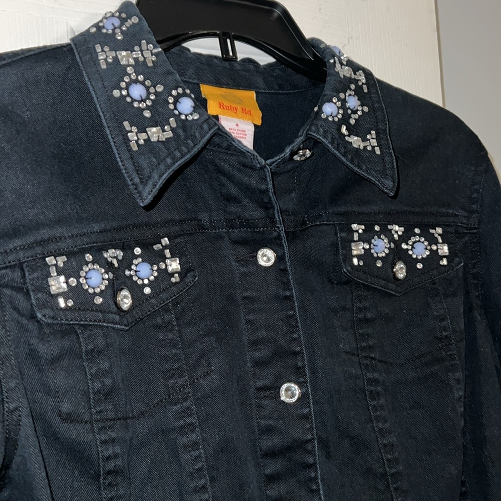 Ruby Rd Black Rhinestone Embellished Jean Jacket - Picture 3 of 13